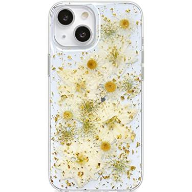 Imagem de Abbery Projetada para iPhone 13 Mini capa de flor prensada, linda transparente com design com glitter, borracha de silicone macia, flores secas de verdade, capa estética floral para mulheres e meninas (margarida dourada)
