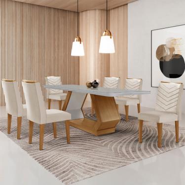 Imagem de Mesa para Sala de Jantar Alvorada 180cm MDF com Vidro Canto Copo e 6 Cadeiras Liz - Veludo Creme/Off White/Imbuia