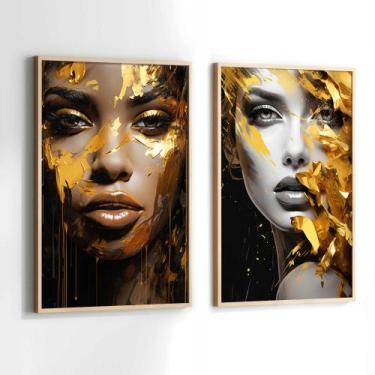 Imagem de Conjunto de Quadros Decorativos com Moldura Salão Beleza Mulheres Dour