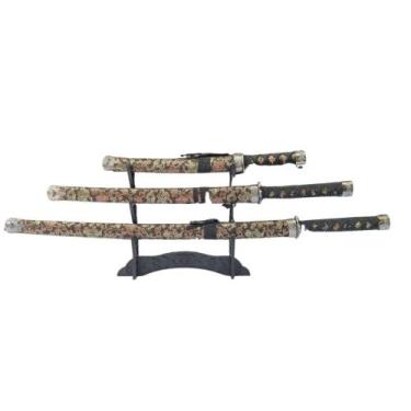 Imagem de Conjunto Espadas Samurai Vermelho c/ Dourado C/3 Bainha Decorativa - T