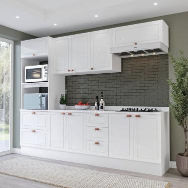 Imagem de Cozinha Pérola com Tampo e Rodapé 5 Peças Torre Quente Aéreo 3 Portas Basculante Balcão 120 e de 80 Branco