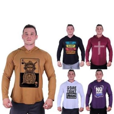 Imagem de Kit 5 Camisetas Manga Longa com Touca Longline Estampada Treino Academia Lazer Casual-Masculino