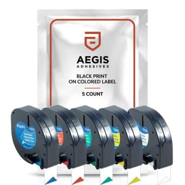 Imagem de Aegis Adhesives - Pacote com 5 (5 cores) de substituição de fita de etiqueta para refil DYMO LetraTag | Impressão preta de 1/5.1 cm x 13' 12 mm x 4 m em fita de plástico | Compatível com impressora