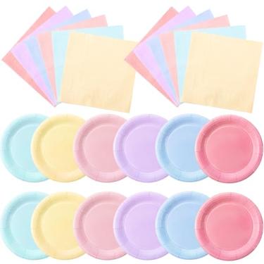 Imagem de Zhehao 120 peças de pratos e guardanapos de papel descartáveis pastel primavera verão suprimentos de festa pastel para princesa aniversário piquenique casamento chá de bebê (rosa claro, verde, roxo
