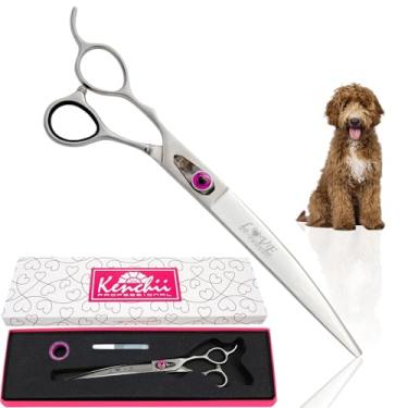 Imagem de Kenchii Tesoura Love para cães canhotos, tesouras curvas de 20 cm, tesoura de cachorro para cuidados pessoais, tesoura profissional para cuidados com animais de estimação, ergonômica e confortável