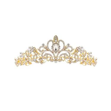 Imagem de Faixa de cabeça Tiara coroa rainha com strass de cristal com joia metálica brilhante, Dourado