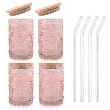 Imagem de Conjunto de 4 copos vintage com tampas de bambu, conjunto de copos texturizados, listrados, canelados, conjunto de coquetel, copos de vidro com contas, copo de café gelado em relevo para cerveja, bebidas (473 ml), rosa