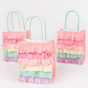 Imagem de Meri Meri Sacos de festa de papel com franjas Meadow Unicorns (pacote com 8), sacolas de lembrancinhas de festa de unicórnio para aniversário, chá de bebê, princesa, franja pastel