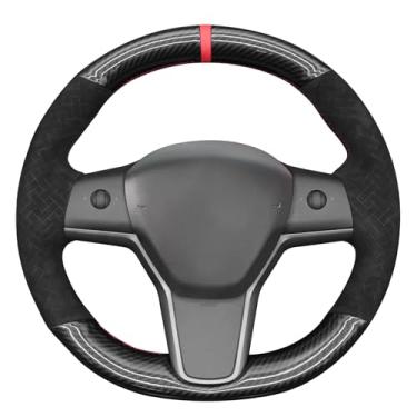 Imagem de MEWANT Capa de volante Athsuede em relevo de fibra de carbono PU brilhante DIY para Tesla Model Y 2023 Model 3 2017-2023