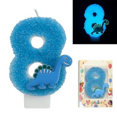 Imagem de Vela de aniversário de dinossauro número 8 que brilha no escuro – Vela grande de bolo com glitter azul de 8 cm para meninos festa de dinossauro de 8 anos