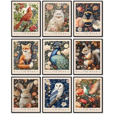 Imagem de LANCHI95 William Morris Conjunto de 9 arte de parede, pôsteres impressões floresta animais selvagens pinturas gótico botânico floral óleo animal arte de parede Fox coelho sika veado decoração de