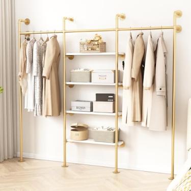 Imagem de KAILNKISS Suporte para roupas de tubo industrial, suporte de parede dourado com prateleiras, prateleira pendurada - 237 cm C dourado