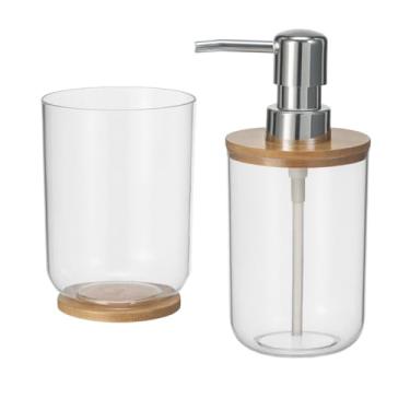 Imagem de Conjunto para Banheiro em Acrílico Canelado com 2 Peças, Dispenser de Sabonete Líquido e Copo Base de Bambu