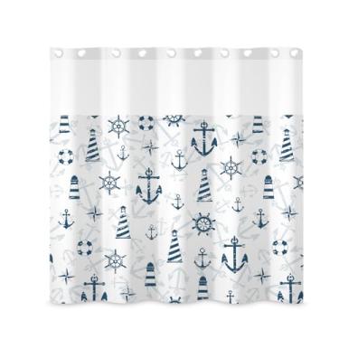 Imagem de ggaimwf Conjunto de cortina de chuveiro náutica sem gancho de 188 x 188 cm, âncora, farol, azul marinho, oceano, encaixe em cortinas de chuveiro para banheiro, litoral, praia, aventura, vintage