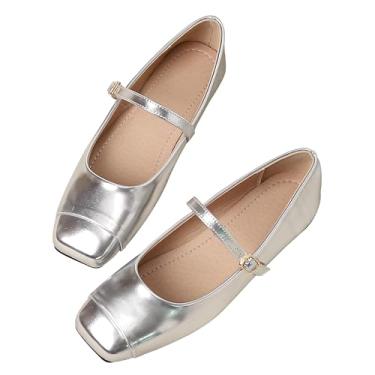 Imagem de Dear Time Sapatilhas femininas vintage Mary Jane com tira no tornozelo, bico quadrado, uniforme, sapatilha de balé, Prata 274, 36