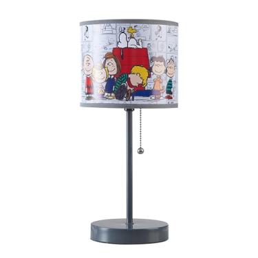 Imagem de Candeeiro de mesa infantil Peanuts Snoopy para crianças, abajur com sombra impressa e corrente de puxar, iluminação de mesa de cabeceira para quarto ou berçário