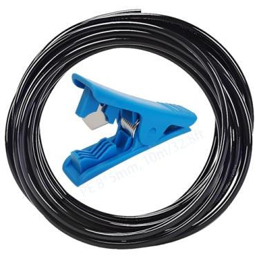 Imagem de CESFONJER Tubo de água de irrigação, mangueira de irrigação de jardim PE preta, tubo de irrigação por gotejamento OD 8 mm x ID 5 mm com cortador de tubo azul para sistema de irrigação por gotejamento