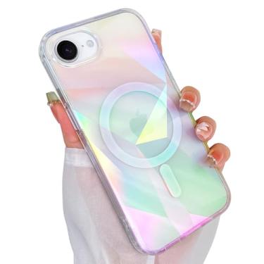 Imagem de Heaofei Capa fofa para iPhone 16e para mulheres e meninas [compatível com Magsafe] Capa de telefone magnética brilhante com glitter transparente e estética feminina, arco-íris brilhante, geometria