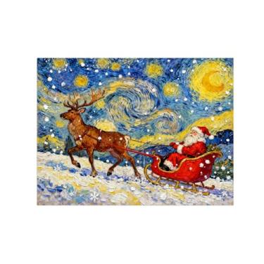 Imagem de Pinturas em tela Natal-Quadros Decoração de Parede-Cervo puxando trenó noite estrelada-Inverno Paisagens Impressões para Sala de Estar 60x80cm Sem Moldura