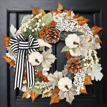 Imagem de DEVONWIDE Guirlanda de outono de 50,8 cm para porta da frente, guirlanda de outono com laço, abóboras brancas, folhas de bordo de baga e pinhas, guirlandas de colheita de ação de graças, decoração de