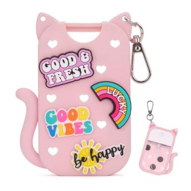 Imagem de AGIFTMIND Suporte de silicone compatível com spray desinfetante para as mãos Touchland 30 ml, capa protetora de orelha de gato fofo com chaveiro e 4 pingentes decorativos (rosa, 1P)