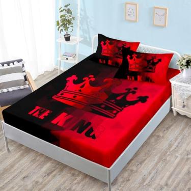 Imagem de HOSIMA Jogo de cama solteiro King Crown para crianças, fundo vermelho e preto, estampa simétrica, lençol com elástico leve para decoração de quarto de adolescentes, meninos e meninas, 1 lençol com