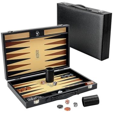 Imagem de Backgammon Sets for Adults, 15 Inch Premium Carbon Fiber Faux Leather Backgammon Set, Luxury Backgammon Board Games for Travel & Home, Black