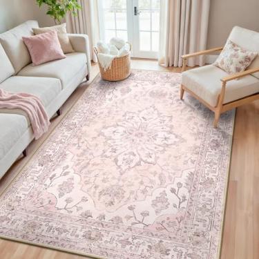 Imagem de RELEANY Tapetes de área 1,5 x 20,3 m, lavável, antiderrapante, estampa floral, vintage, tapete medalhão para sala de estar, quarto, sala de jantar, rosa, cinza, rosa fofo