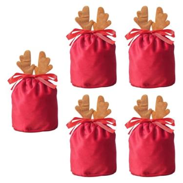 Imagem de UGPLM 5 Sacolas de Presente de Natal com Cordão para Brincar, Presentear, Lembrancinhas de Festa, Embalagem para Presente, Lembranças e Armazenamento de, Saco Vermelho, Brown Antlers L