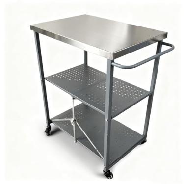 Imagem de ONBRILL Mesa dobrável para churrasqueira, carrinho móvel com 2 rodas de bloqueio, mesa portátil de aço inoxidável com 3 prateleiras para forno de pizza com ganchos para churrasco, festa, acampamento