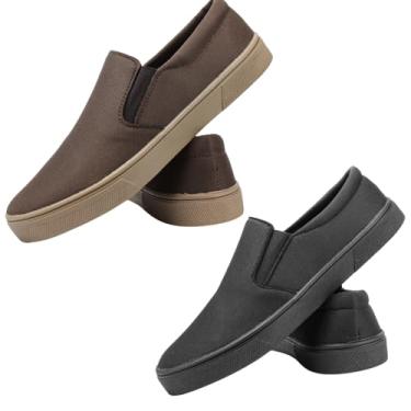 Imagem de Kit 2 Sapatênis Slip On Confortável Leve Versátil Tênis Estiloso Solado Macio Calce Fácil Prático Iate Masculino Feminino Casual Elástico Lateral (Café + Preto, BR, Adulto, Numérico, 42)