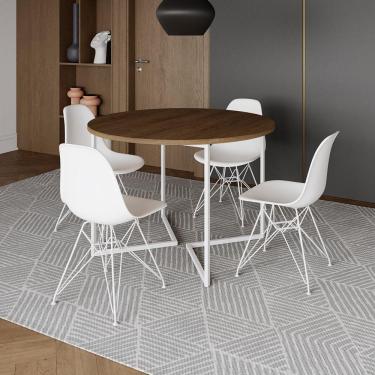Imagem de Mesa Industrial Jantar Redonda Amêndoa 110Cm Base V Com 4 Cadeiras Eames Brancas Ferro Branco