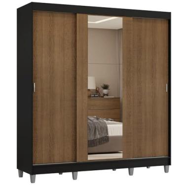 Imagem de Guarda-roupa Casal com Pés 3 Portas de Correr com Espelho Preto/rustic Reno Madesa