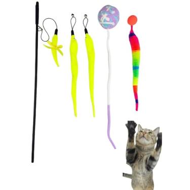 Imagem de Brinquedos de varinha para gatos, brinquedos interativos para gatinhos em ambientes internos, 1 varinha e 3 refis sortidos, 1 bola saltitante de insetos arco-íris e 1 bola de lã com um sino para