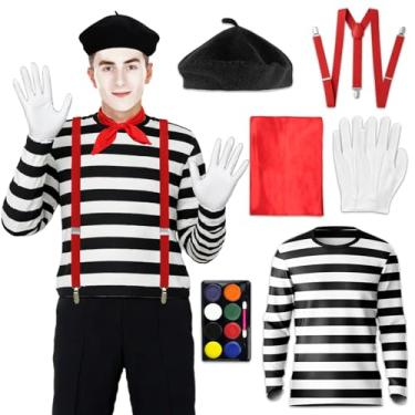 Imagem de Luzcexs 6 peças fantasia de mímica francesa adulto camisa listrada preta e branca com tinta facial boina preta para cosplay de Halloween, Preto e branco, XXG