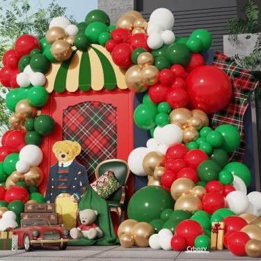 Imagem de Kit de arco de balão com tema de urso, 165 peças de balões de látex vermelho verde metálico dourado branco para chá de bebê, aniversário, decoração de festa