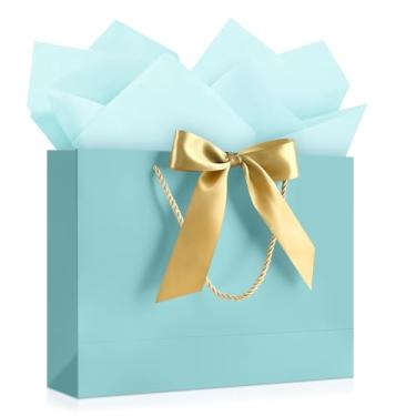 Imagem de YoungTree Saco de presente azul claro com papel de seda e 1 fita de cartão comemorativo, bolsa de presente de papel portátil com alças, sacolas de presente de aniversário, sacolas de presente para