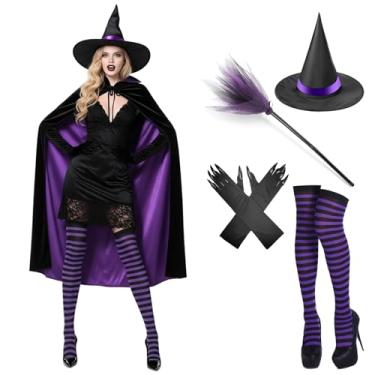Imagem de Conjunto de 5 peças de fantasias de bruxa de Halloween, capa de vampiro, reversível, chapéu, vassoura, luvas, festa de cosplay de Halloween
