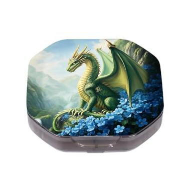 Imagem de Caixa de comprimidos pequena com 4 compartimentos, dragão verde, flor azul, impermeável, durável, organizador de comprimidos de viagem, diário, portátil, suplementos de óleo de peixe e vitaminas