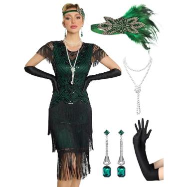 Imagem de RRYIO Vestidos melindrosa anos 20 para mulheres, vestidos Gatsby de gola redonda com manga loucos vestidos anos 20 para noites do Harlem (preto-verde, M)