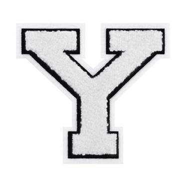 Imagem de 1 PÇ Patch de letra de chenille de ferro branco de 11,4 cm com borda preta – Remendos do alfabeto para roupas, jaquetas, mochilas, chapéus para decoração personalizada, nome personalizado e artesanato