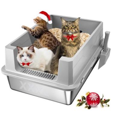 Imagem de XXLCaixa de areia para gatos de aço inoxidável com tampa, caixa de areia de metal fechada, caixa de areia alta coberta extra grande para gatos grandes, antiaderente, antivazamento, fácil limpeza