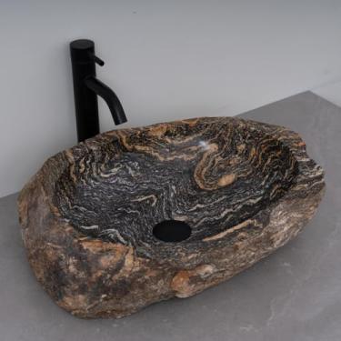 Imagem de MIDUSO Pia de embarcação de pedra irregular 100% feita à mão; pia de pedra real; pia de embarcação exclusiva; acima do balcão; pia de rocha de rio; banheiros rústicos de pias; Irre RiverStone 305