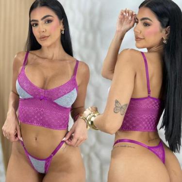 Imagem de Conjunto Cropped Renda Sem Bojo Confortável Calcinha Fio Dental - Like