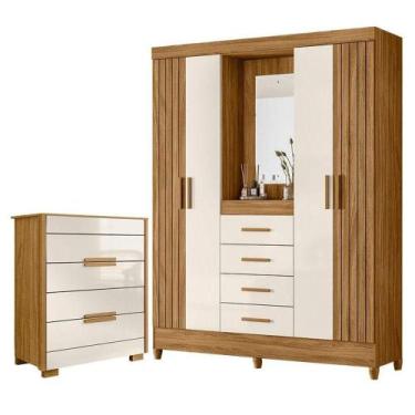 Imagem de Guarda Roupa Solteiro Com Espelho Atenas E Cômoda Dhara Freijó Off Whi