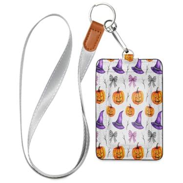 Imagem de Wassud Porta-crachá de couro PU com laço de abóbora de Halloween com cordão, porta-cartão de identificação para trabalho, cordão de pescoço com compartimentos para cartões de crédito, funcionários