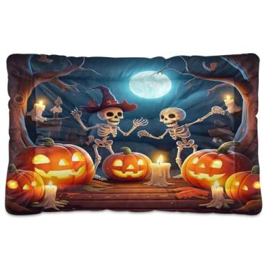 Imagem de Wassud Halloween Pumpkins Sketelons Tapete lavável para cães e gatos, almofada de cama de viagem antiderrapante, almofada de canil para ambientes internos e externos, 45 x 61 cm