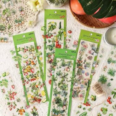 Imagem de 24 folhas de adesivo pré-cortado, vintage frutas vegetais cacto verde plantas, decalques à prova d'água para diário, scrapbooking, laptop, Kindle, álbum de fotos, adesivos estéticos transparentes PET