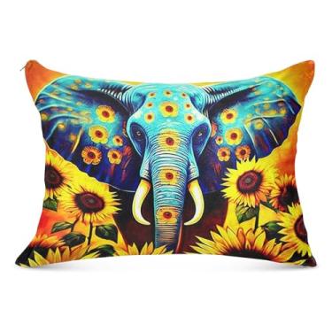 Imagem de Fronhas de flanela floral de girassol de elefante azul com zíper padrão Queen King almofadas de corpo impressão artística almofadas corporais de cama macia, tamanho Queen, 50,8 cm x 76,2 cm