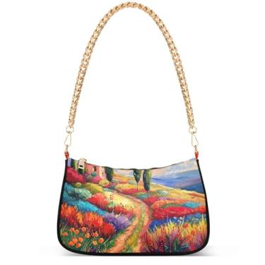 Imagem de Bolsas femininas de inverno com pintura de trem da vila fofas pequenas bolsas femininas bolsas femininas com corrente de ombro bolsas de ombro festa, Pintura de flores coloridas paisagem trilha